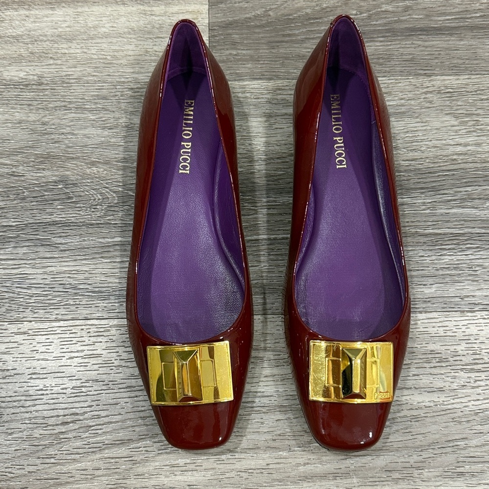 Emilio Pucci Burgundy Flats with Gold Buckle Patent Leather Ballerina Shoes